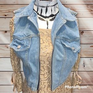 Ladies women denim jean vest 100% cotton M S cropped zip 80s 90s Bebop clothing